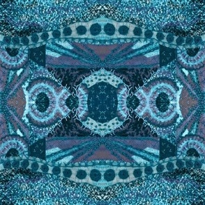 Art quilt embroidery mirrored ethnic boho kaleidoscope 18” repeat teal blue grey hues 