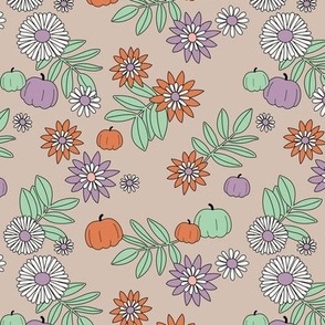 Autumn garden and daisy flowers with leaves and pumpkins colorful boho retro garden orange mint green lilac on tan beige 