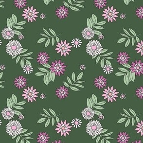 Fall garden ditsy blossom daisies and leaves bohemian vintage flower design pink mint lilac on pine green