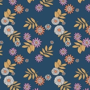 Fall garden ditsy blossom daisies and leaves bohemian vintage flower design orange lilac ochre yellow on navy blue