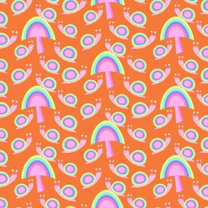 Rainbow mushrooms and snails on orange 