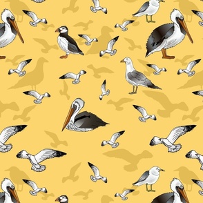 Seagulls Pelicans and Puffins (Sunshine Yellow large scale)