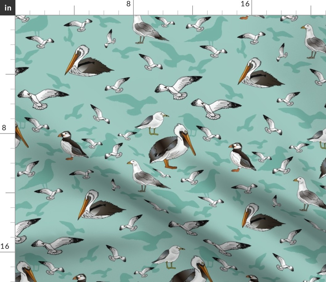Seagulls Pelicans and Puffins (Sea Green)