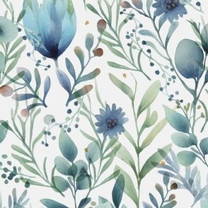 Soft Watercolor Blue Flowers and Foliage