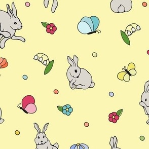 Rabbits, flowers and butterflies on yellow background.