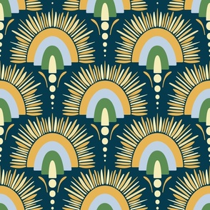 Stylized Sunflower - Yellow, Blue, Green - Prussian Blue BG - Magical Meadow Collection