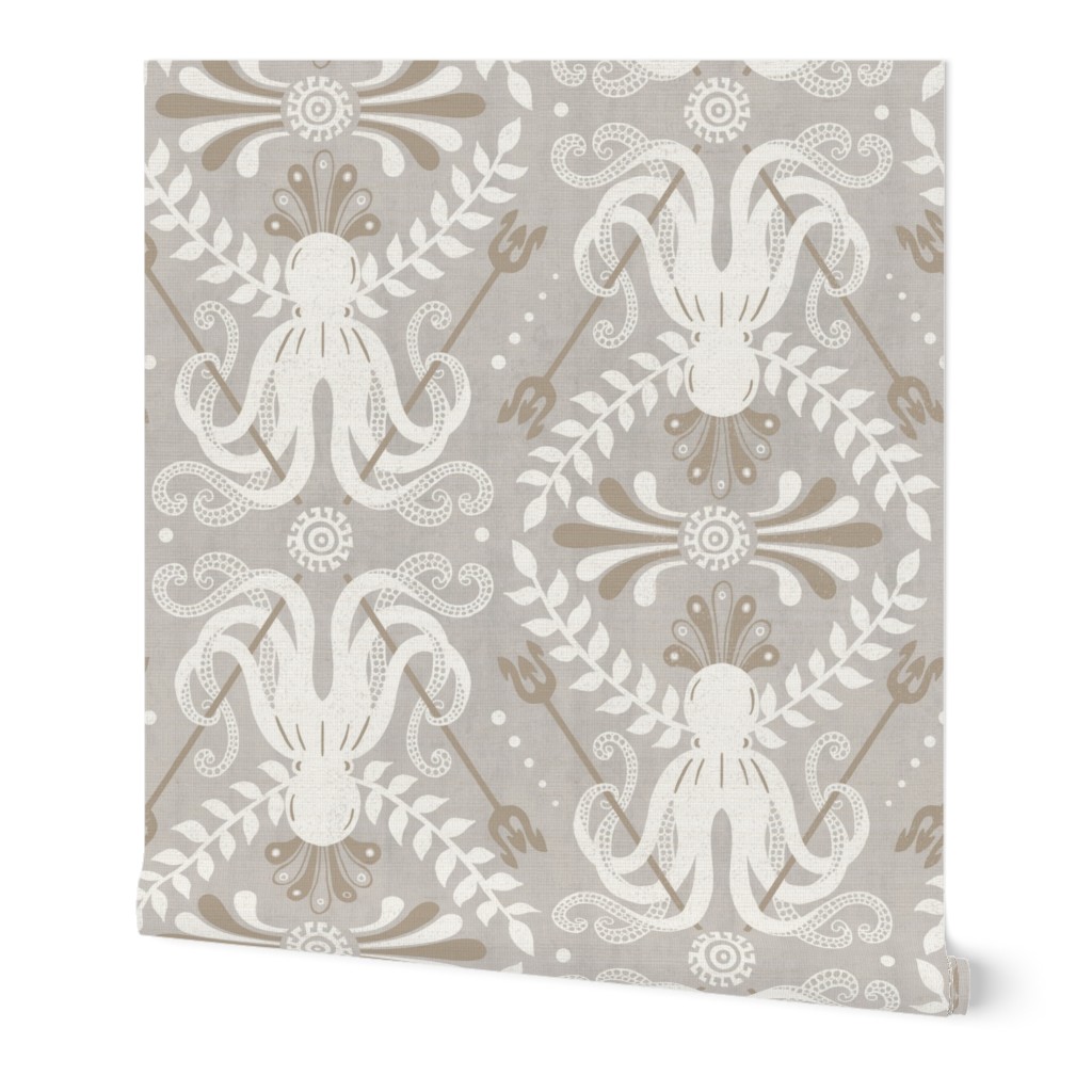 Mythos - Nautical Octopus Damask Neutral Gray And Sand Jumbo 