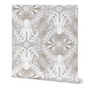 Mythos - Nautical Octopus Damask Neutral Gray And Sand Jumbo 