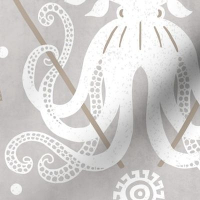 Mythos - Nautical Octopus Damask Neutral Gray And Sand Jumbo 