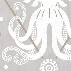 Mythos - Nautical Octopus Damask Neutral Gray And Sand Jumbo 