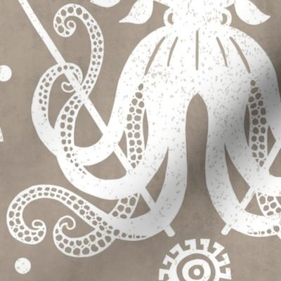 Mythos - Nautical Octopus Damask Neutral Sand Beige And White Jumbo 