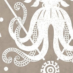 Mythos - Nautical Octopus Damask Neutral Sand Beige And White Jumbo 