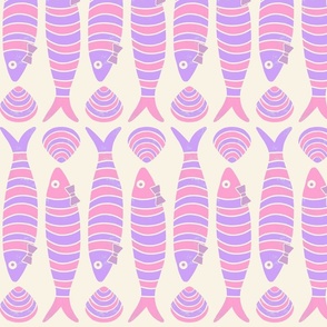 Lino Print Sardines and Shells | Pink and Lilac