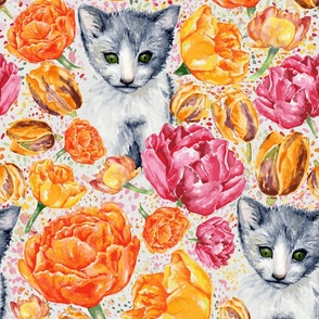 Painted Kitten & Tulips Colorful Maximalist Textured Kitty Cat Animal and Floral Large Scale Bedding / Wallpaper in Pink, Orange, Yellow, White, Gray