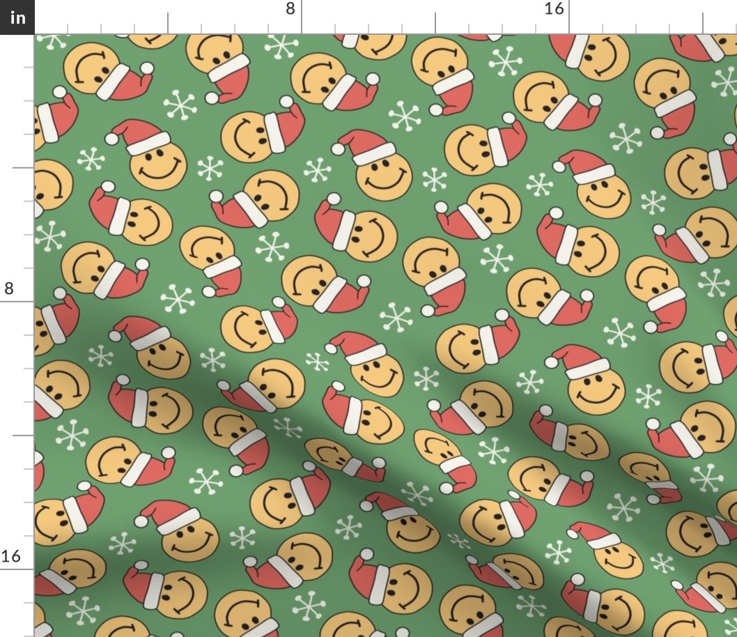 vintage smiley face santas on green