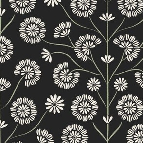 floral - creamy white_ light sage green_ raisin black - wallpaper