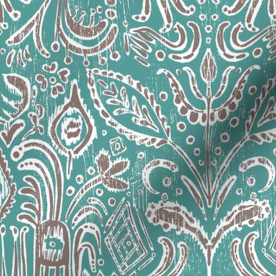 Camille Paisley Ikat in Teal and Mushroom Gray - 12 inch repeat