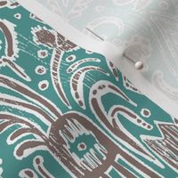 Camille Paisley Ikat in Teal and Mushroom Gray - 12 inch repeat