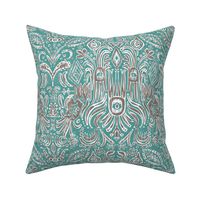 Camille Paisley Ikat in Teal and Mushroom Gray - 12 inch repeat