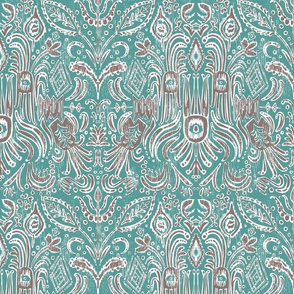 Camille Paisley Ikat in Teal and Mushroom Gray - 12 inch repeat