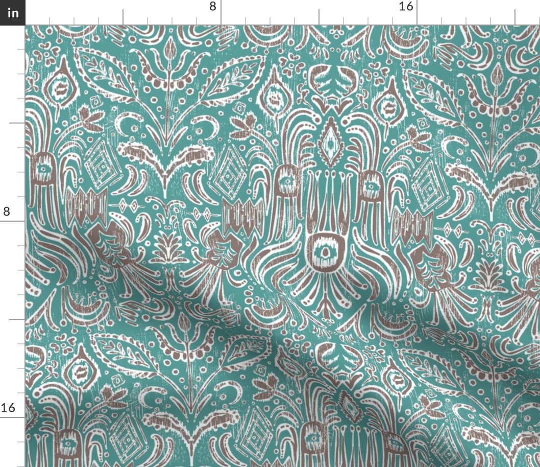 Camille Paisley Ikat in Teal and Mushroom Gray - 12 inch repeat