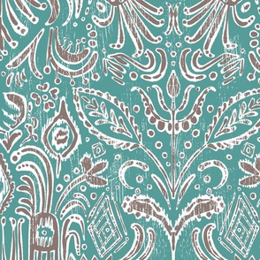 Camille Paisley Ikat in Teal and Mushroom Gray - 24 inch repeat