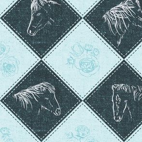 Wild ponies in argyle / diamond checkerboard line art horse print. Light baby blue & gray, tea rose flowers, quilt squares, top stitching, & texture.