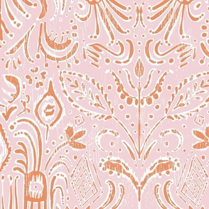 Camille Paisley Ikat in Pink and Orange - 24 inch repeat
