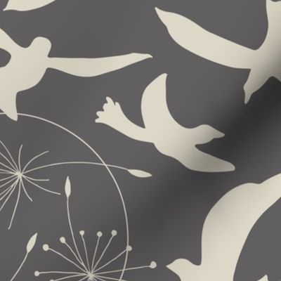 (M) beige birds and dandelion rings on grey