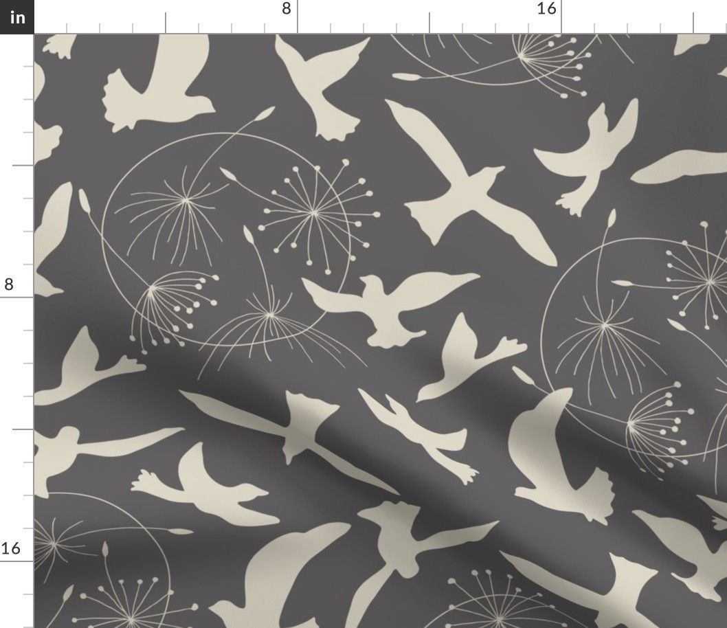 (M) beige birds and dandelion rings on grey