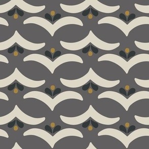 (M) beige flower - bird ornament on dark grey