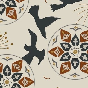 (M) black flying birds, copper dandelion, boho style flower medallions on light beige