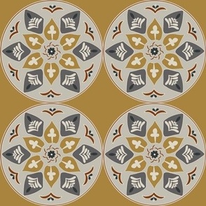 (M) floral medallion in rustic grey, white and copper on goldenrod yellow