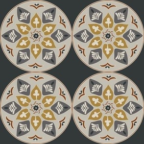 (M) floral medallion in rustic grey, white, goldenrod and russet on black