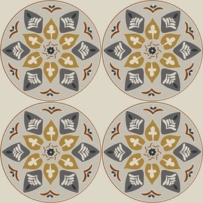 (M) floral medallion in rustic goldenrod, grey, white and russet on beige
