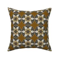 (M) floral medallion in rustic goldenrod, black, beige, grey, russet on bright copper brown