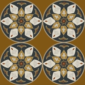 (M) floral medallion in rustic goldenrod, black, beige, grey, russet on bright copper brown