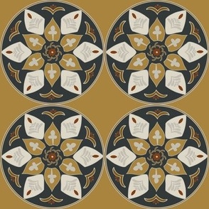 (M) floral medallion in rustic colors black, beige, grey, russet on goldenrod yellow
