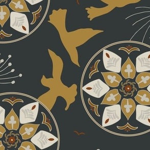 (M) goldenrod yellow birds, white dandelion, boho style medallions on dark