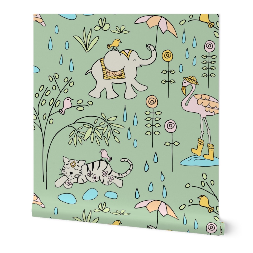 (L) Rainy Day Tropical Animals Elephant, Flamingo, Tiger Pastel Light Sage