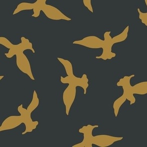 (M) Goldenrod yellow birds flying in the black sky