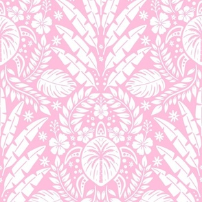 Hawaiian Damask | Large Scale | White on Bubblegum Pink Tropical Pineapple