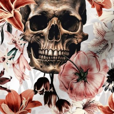 Antique Goth Nightfall: A Vintage Floral Pattern with Skulls And Exotic Flowers off white- halloween aesthetic wallpaper 