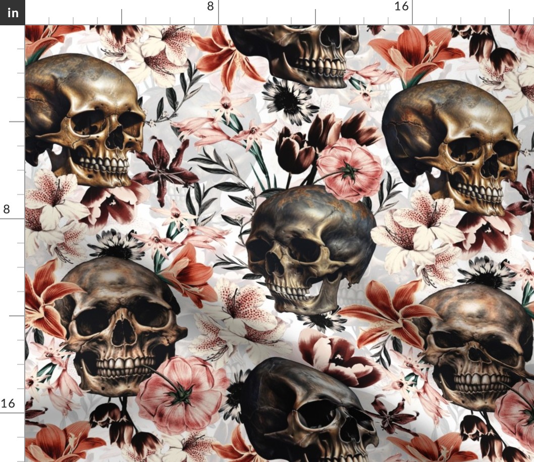 Antique Goth Nightfall: A Vintage Floral Pattern with Skulls And Exotic Flowers off white- halloween aesthetic wallpaper 