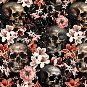 Antique Goth Nightfall: A Vintage Floral Pattern with Skulls And Exotic Flowers sepia black moonlight- halloween aesthetic wallpaper 