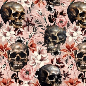 Antique Goth Nightfall: A Vintage Floral Pattern with Skulls And Exotic Flowers soft sepia peach- halloween aesthetic wallpaper 