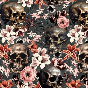 Antique Goth Nightfall: A Vintage Floral Pattern with Skulls And Exotic Flowers grey- halloween aesthetic wallpaper 