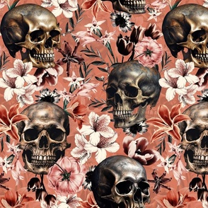 Antique Goth Nightfall: A Vintage Floral Pattern with Skulls And Exotic Flowers coral- halloween aesthetic wallpaper 