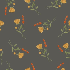 24x24 Jumbo Scale - Watercolor Wildflower Dainty Blooms - Gray/Yellow - Wallpaper with Flowers - Wallpaper Cure - Peel and Stick Wallpaper - Wallpaper