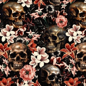 Antique Goth Nightfall: A Vintage Floral Pattern with Skulls And Exotic Flowers sepia midnight black- halloween aesthetic wallpaper 